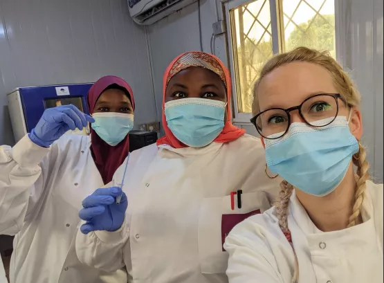 Kate, Maryam and Firdausi working in the lab in Kano, Nigeria