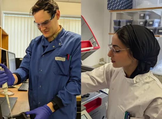 Keegan and Chaima working in the lab