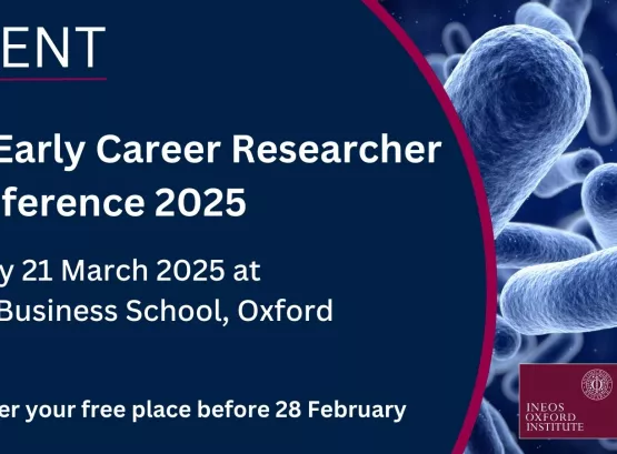 Computer generated image of bacteria with text: Event, IOI early career researcher conference 2025, 21 March 2025 at Said Business School, Oxford, Register your free place by 28 February