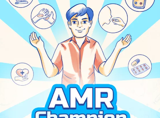 Illustration of a man surrounded by bubbles with illustrations of medicine, a microscope, a mobile phone, and hand washing. Text reads "AMR Champion"