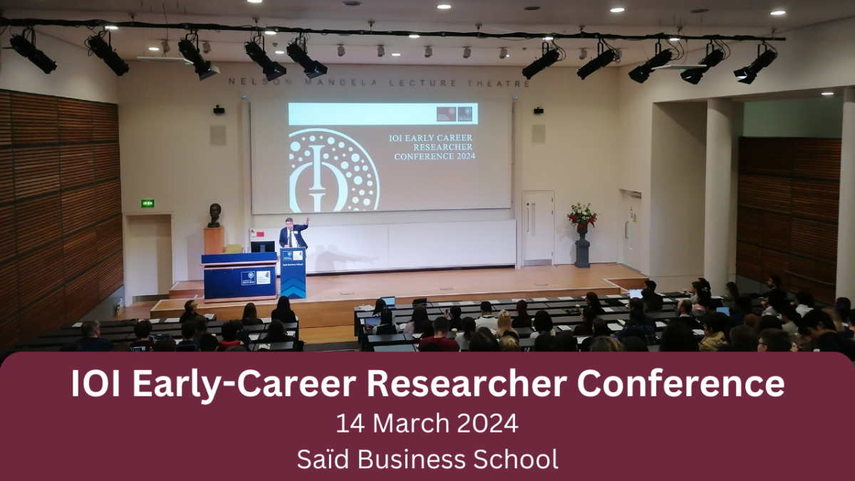 Sam Sheppard giving the opening remarks at the IOI ECR conference, with caption "IOI Early-Career Researcher Conference, 14 March 2024, Said Business School"