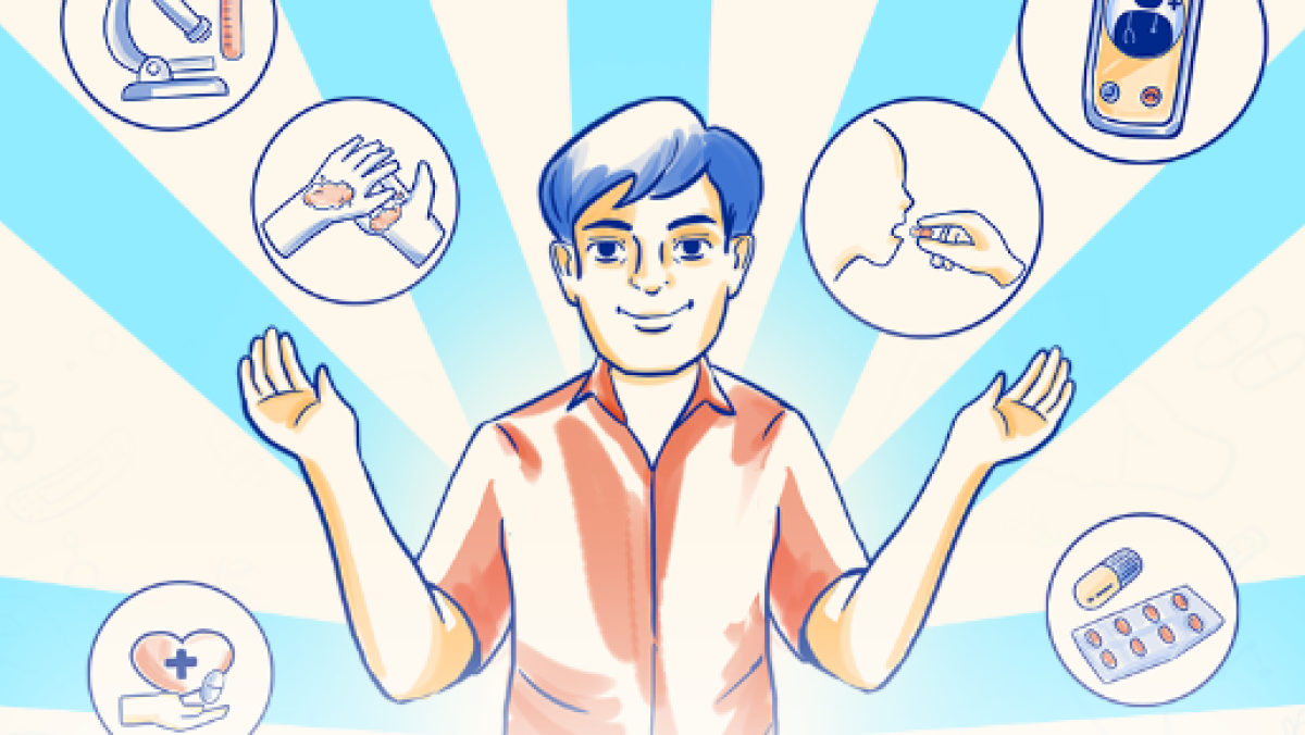 Illustration of a man surrounded by bubbles with illustrations of medicine, a microscope, a mobile phone, and hand washing. Text reads "AMR Champion"