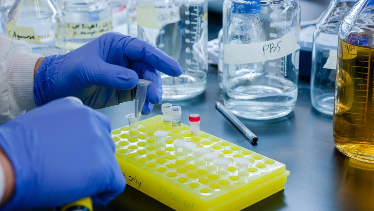 RESEARCHER PLACING EPPENDORF TUBES IN A RACK