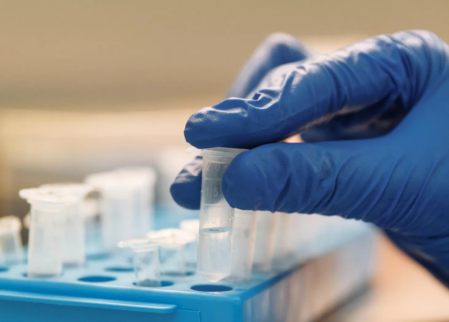 Close-up of blue gloved hand placing a sample tube into a holder